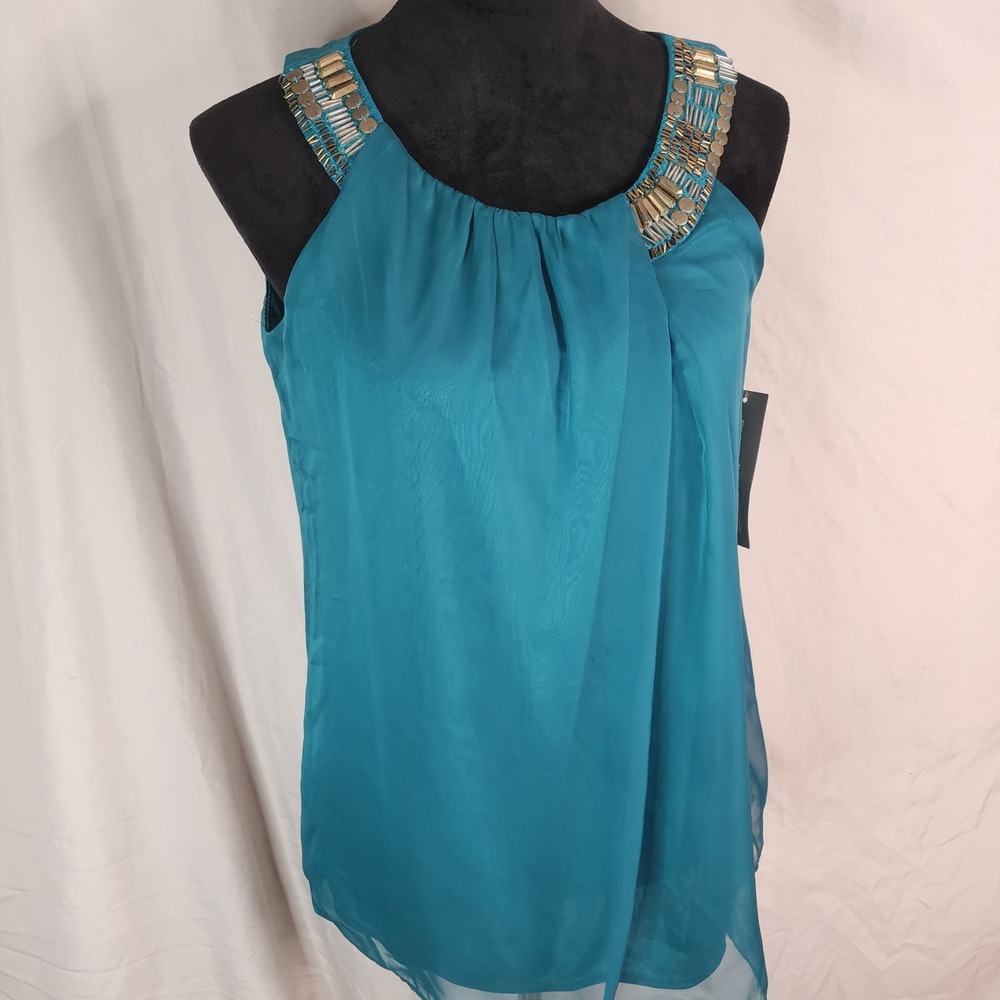New w/tag NY COLLECTION Size Medium Teal Pleated Chiffon Beaded Sleeveles Blouse - Picture 8 of 12
